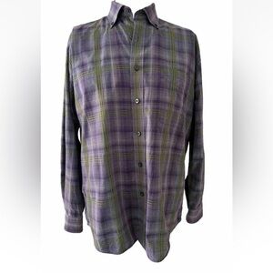 Alan Flusser Men’s M Shirt Purple Textured Green Plaid Logo Buttons 100% Cotton